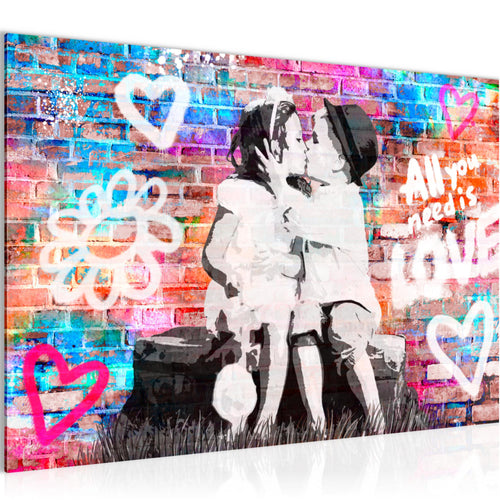 Runa Art Bild the First Kiss Modern Wandbilder Wohnzimmer Schlafzimmer 1 Teilig - Made In Germany - Streetart Graffiti Bunt Flur 044615a