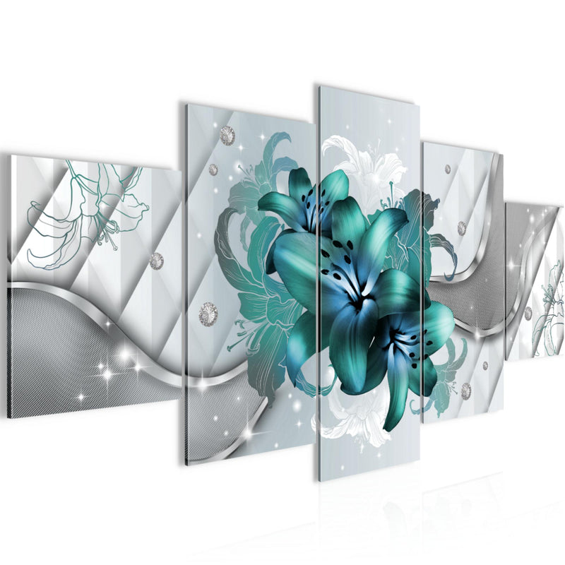 Runa Art - Bilder Blumen Lilien 200 x 100 cm 5 Teilig XXL Wanddekoration Design Türkis 017351a