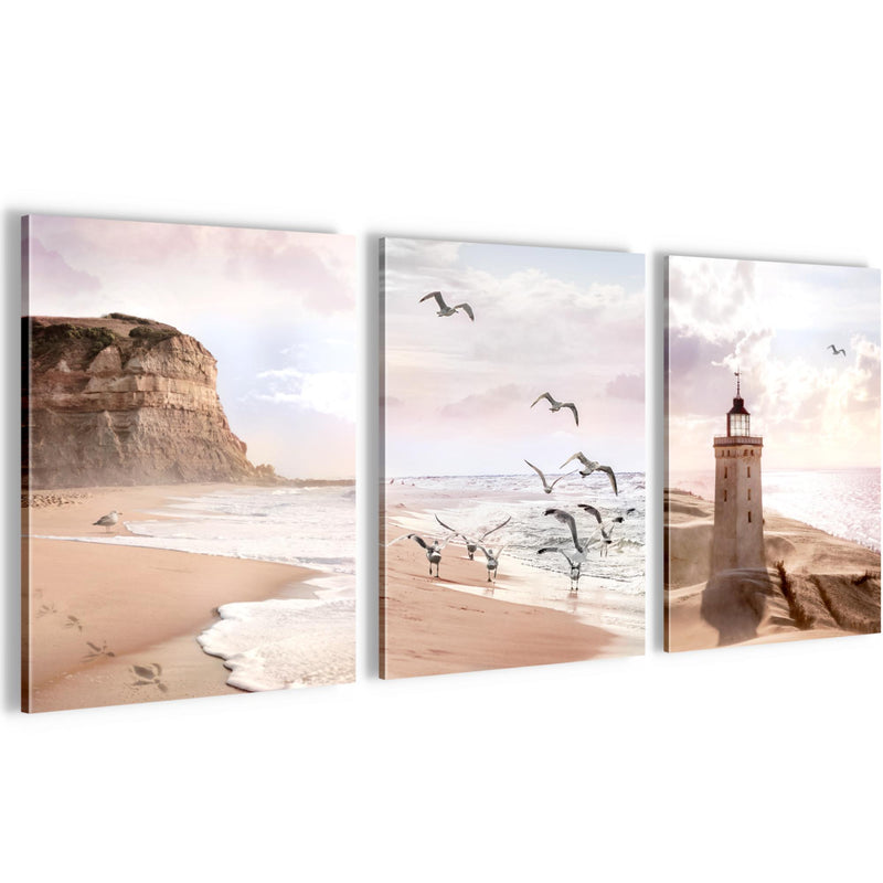 Novart Wandbilder Set Landschaft - KOMPLETT AUFHÄNGFERTIG - Wohnzimmer Schlafzimmer Büro Deko - 3 Moderne Bilder Küste - N040235a