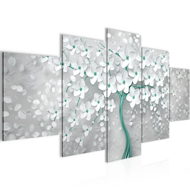Runa Art - Bilder Blumen 200 x 100 cm 5 Teilig XXL Wanddekoration Design Weiss Türkis 039751b
