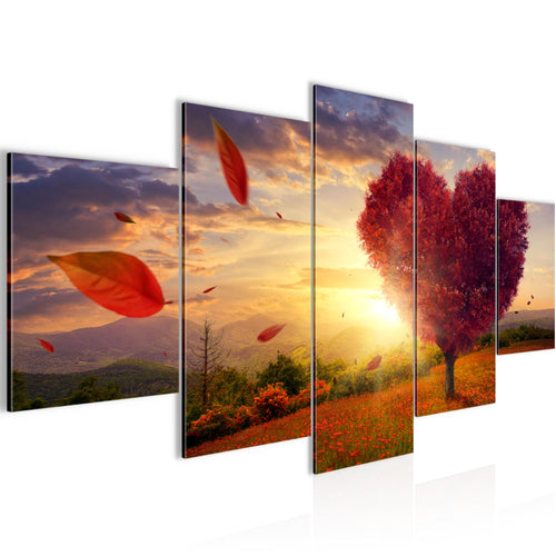 Runa Art - Bilder Herbst Baum Herz 200 x 100 cm 5 Teilig XXL Wanddekoration Design Rot Blau 605851a