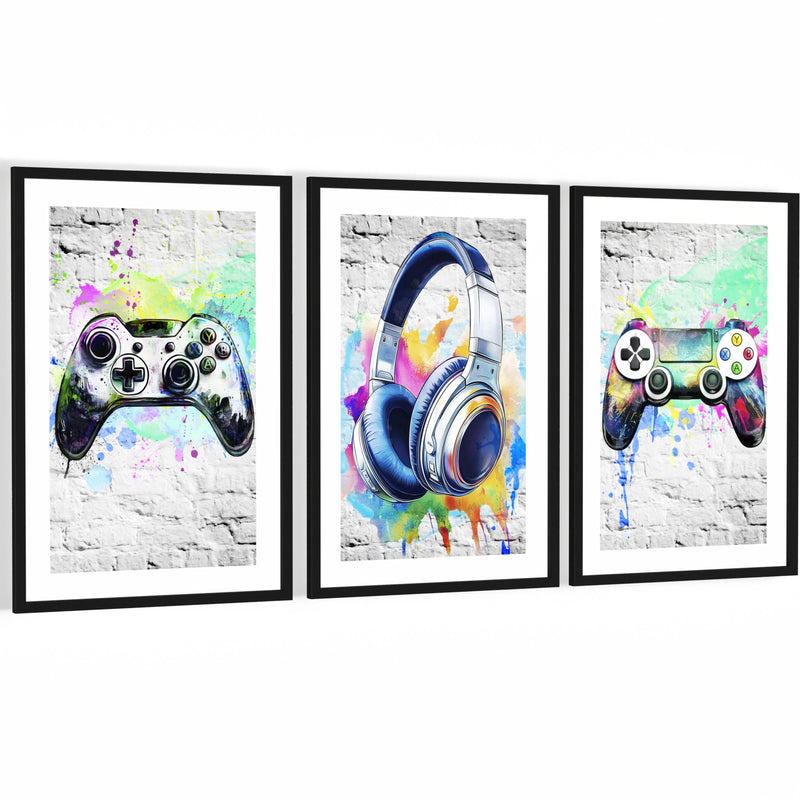 Novart Wandbilder mit Rahmen Spielkonsole Gamer - Spielzimmer Jungen Teenager Wanddeko - 3 Bilder Set Weiß - N138736aR2