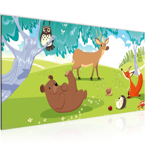 Runa Art Wandbild Kinderzimmer Wald 1 Teilig 100 x 40 cm Modern Bild auf Vlies Leinwand Waldtiere Babyzimmer Spielzimmer Grün 001812c