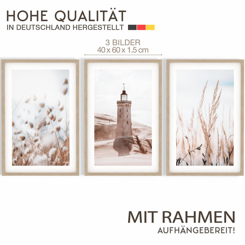 Novart Wandbilder mit Rahmen Lichtturm Boho Meer - Wohnzimmer Schlafzimmer Flur Wanddeko - 3 Bilder Set Beige - N134936aR1