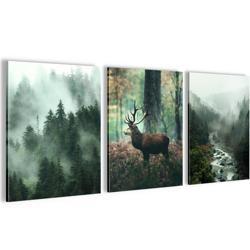 Novart Wandbilder Set Landschaft - KOMPLETT AUFHÄNGFERTIG - Wohnzimmer Schlafzimmer Büro Deko - 3 Moderne Bilder Waldlandschaft - N004635a