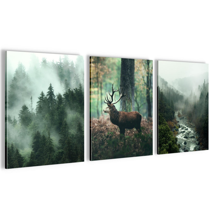 Novart Wandbilder Set Landschaft - KOMPLETT AUFHÄNGFERTIG - Wohnzimmer Schlafzimmer Büro Deko - 3 Moderne Bilder Waldlandschaft - N004635a