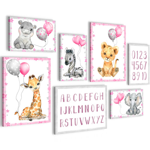 Novart Wandbilder Tiere - KOMPLETT AUFHÄNGFERTIG - Afrika Rosa Kinderzimmer Mädchen - 7 Moderne Mood-Bilder - N016671a
