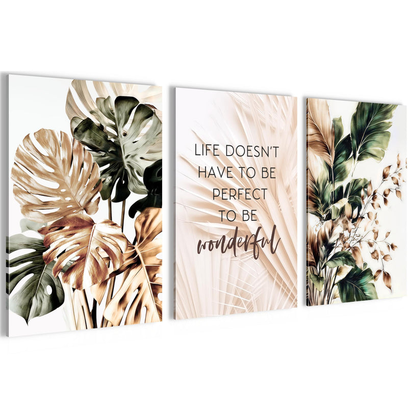 Novart Bilder Set Blumen Pflanzen - KEIN EXTRA RAHMEN BENÖTIGT - Wandbilder für Wohnzimmer Schlafzimmer Büro - 3 Teilig Deko Blätter - N043436a