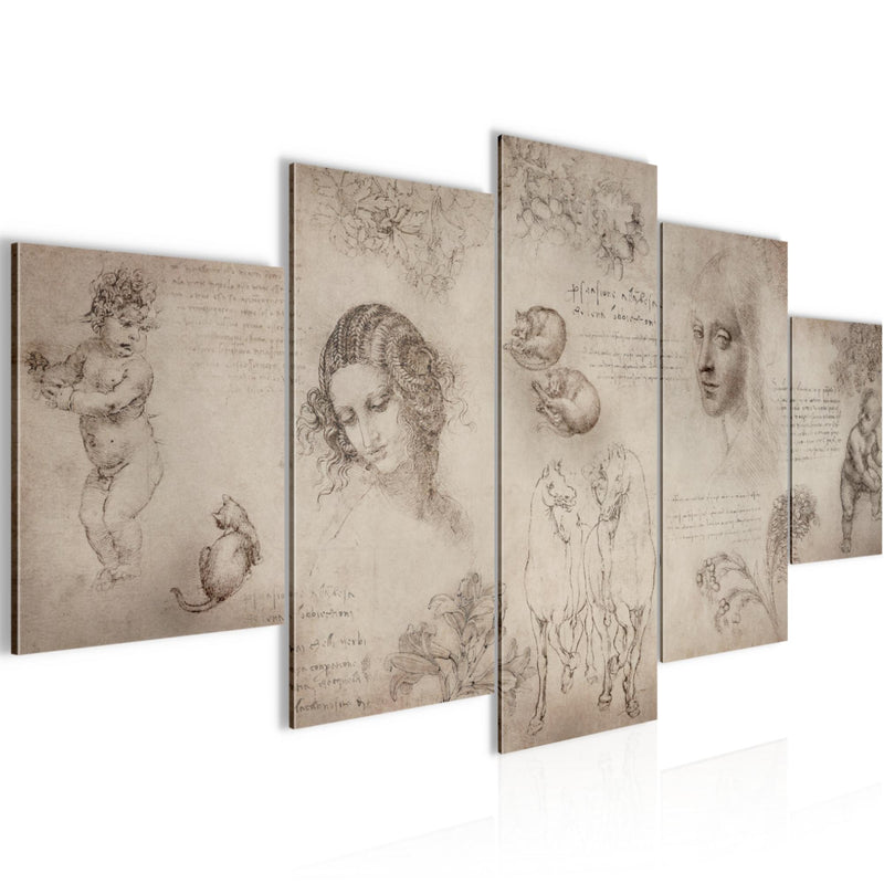 Runa Art - Bilder Berühmte Maler 200 x 100 cm 5 Teilig XXL Wanddekoration Design Skizzen Beige 010351a