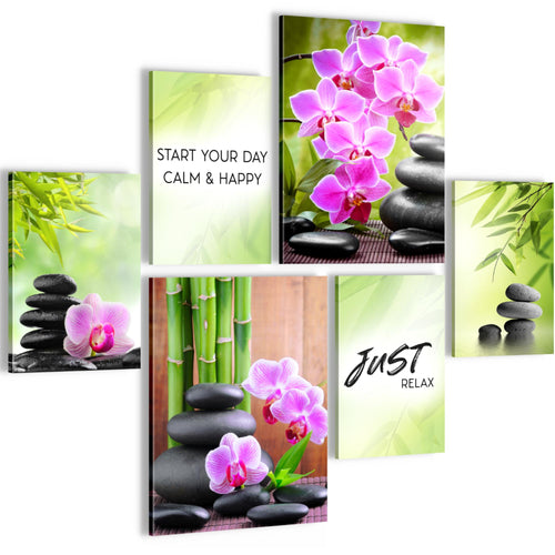 Novart Wandbilder Set Feng Shui Zen Stein Grün Lila - KEIN EXTRA RAHMEN BENÖTIGT -  Modern Deko  - Wohnzimmer Schlafzimmer N003463a