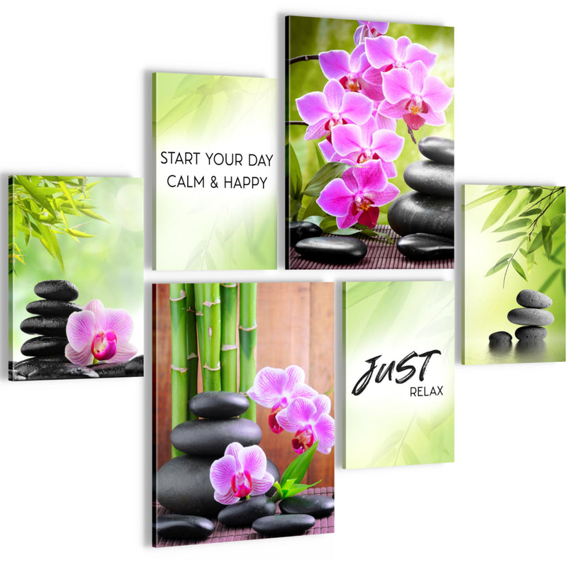 Novart Wandbilder Set Feng Shui Zen Stein Grün Lila - KEIN EXTRA RAHMEN BENÖTIGT -  Modern Deko  - Wohnzimmer Schlafzimmer N003463a