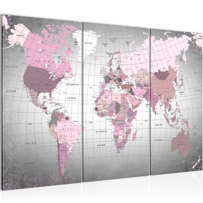 Runa Art Wandbilder Weltkarte Bild XXL Büro Wohnzimmer Rosa Grau Kontinente 120 x 80 cm 3 Teilig 023331c