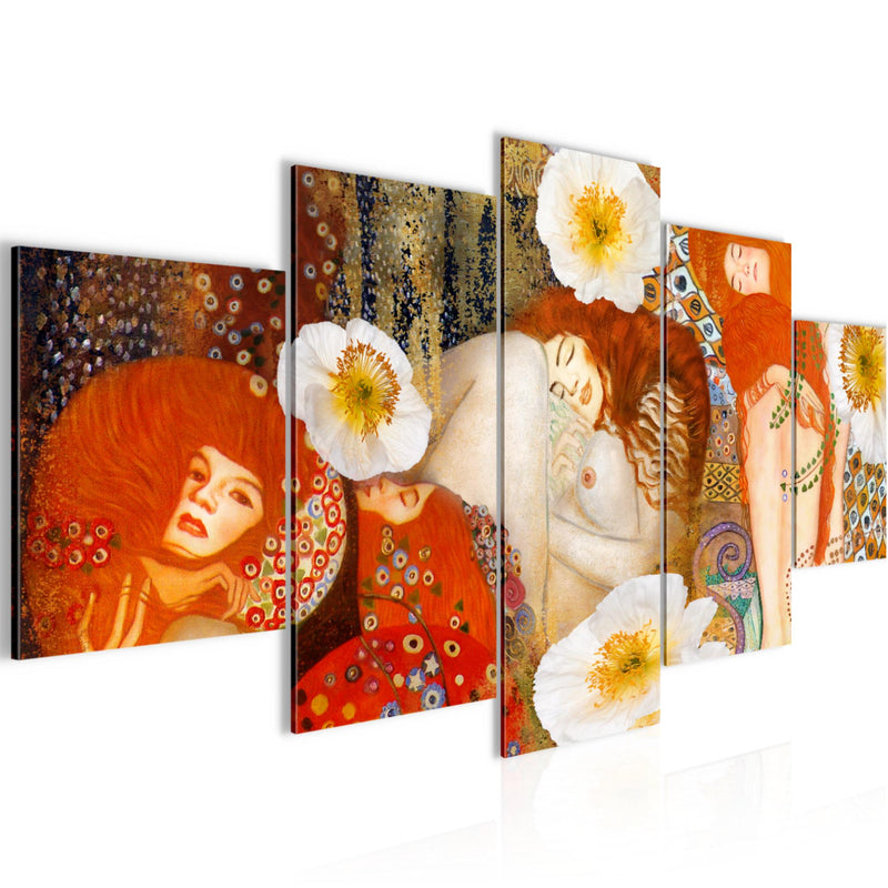 Runa Art Bild Wohnzimmer Collage Gustav Klimt 5 Teilig Frau Rot Wandbilder auf Vlies Leinwand 018553a