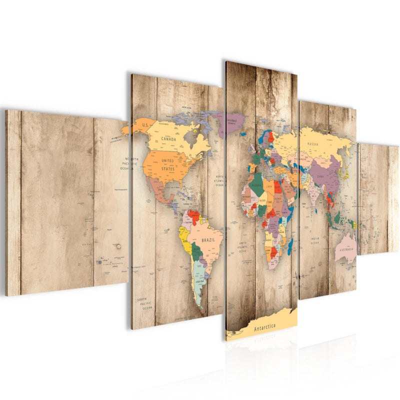 Runa Art - Bilder Weltkarte Holz 200 x 100 cm 5 Teilig XXL Wanddekoration Design Biege 108751a