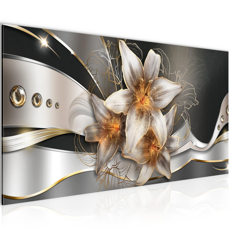 Runa Art Wandbild Blumen Lilien 1 Teilig 100 x 40 cm Modern Bild auf Vlies Leinwand Abstrakt Wohnzimmer Gelb Gold 039612a