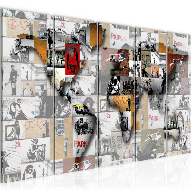 Runa Art Wandbild XXL Weltkarte Banksy Collage Loft Wohnzimmer 200 x 80 cm Bunt 5 Teilig - Made in Germany - 104555a