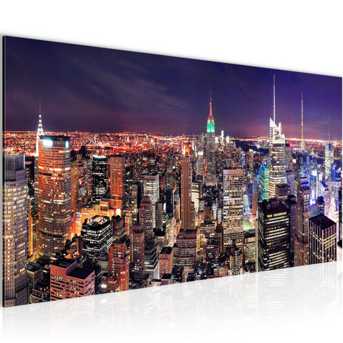 Runa Art Wandbild New York Skyline 1 Teilig 100 x 40 cm Modern Bild auf Vlies Leinwand Städte Wohnzimmer Büro Violett Lila 036212a