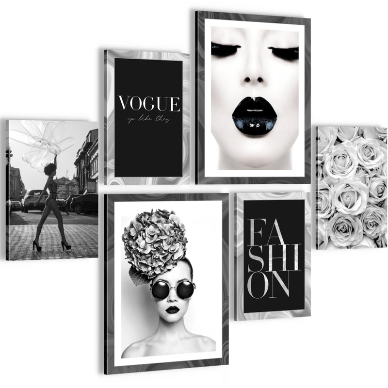 Novart Wandbilder Set Fashion Schwarz Weiss - KEIN EXTRA RAHMEN BENÖTIGT -  Modern Deko  - Wohnzimmer Mädchen Teenager N015563a