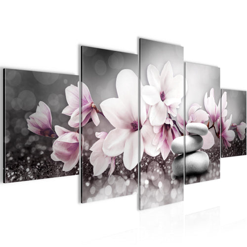 Runa Art Wandbilder Blumen Magnolien 5 Teilig Bild auf Vlies Leinwand Deko Wohnzimmer Abstrakt Grau Rosa 035452a