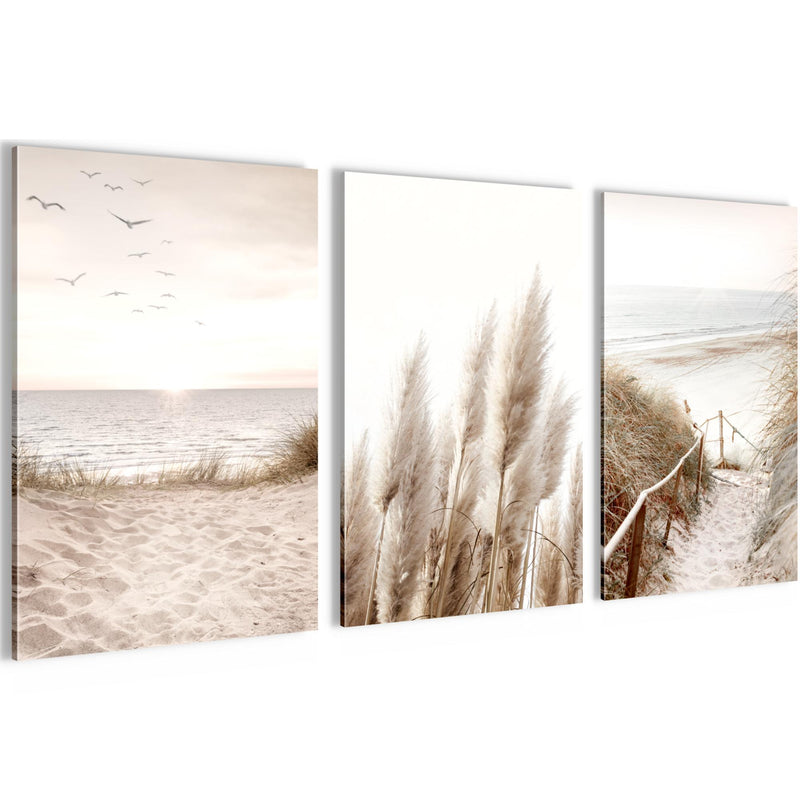 Novart Bilder Set Landschaft - KEIN EXTRA RAHMEN BENÖTIGT - Wandbilder für Wohnzimmer Schlafzimmer Büro - 3 Teilig Deko Strand - N003936a