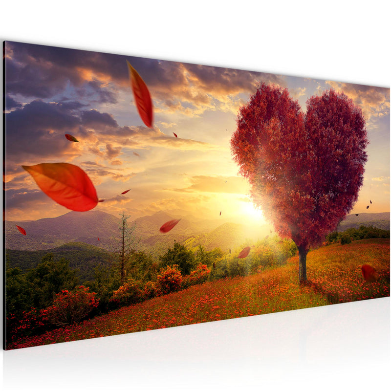 Runa Art Wandbild Herbst Baum Herz 1 Teilig 100 x 40 cm Modern Bild auf Vlies Leinwand Natur Wohnzimmer Schlafzimmer Rot Blau 605812a