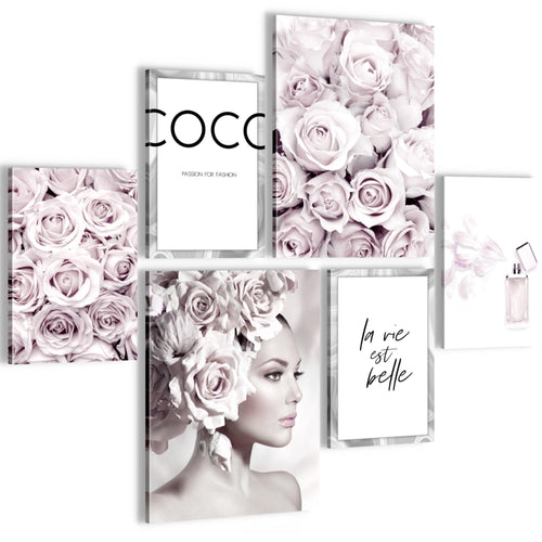 Novart Wandbilder Set Coco Fashion Grau Rosa - KEIN EXTRA RAHMEN BENÖTIGT -  Modern Deko  - Wohnzimmer Mädchen Teenager N000763a