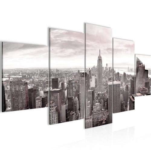 Runa Art Bild Wohnzimmer Büro New York Skyline 5 Teilig USA Grau Rosa Wandbilder auf Vlies Leinwand 010253b