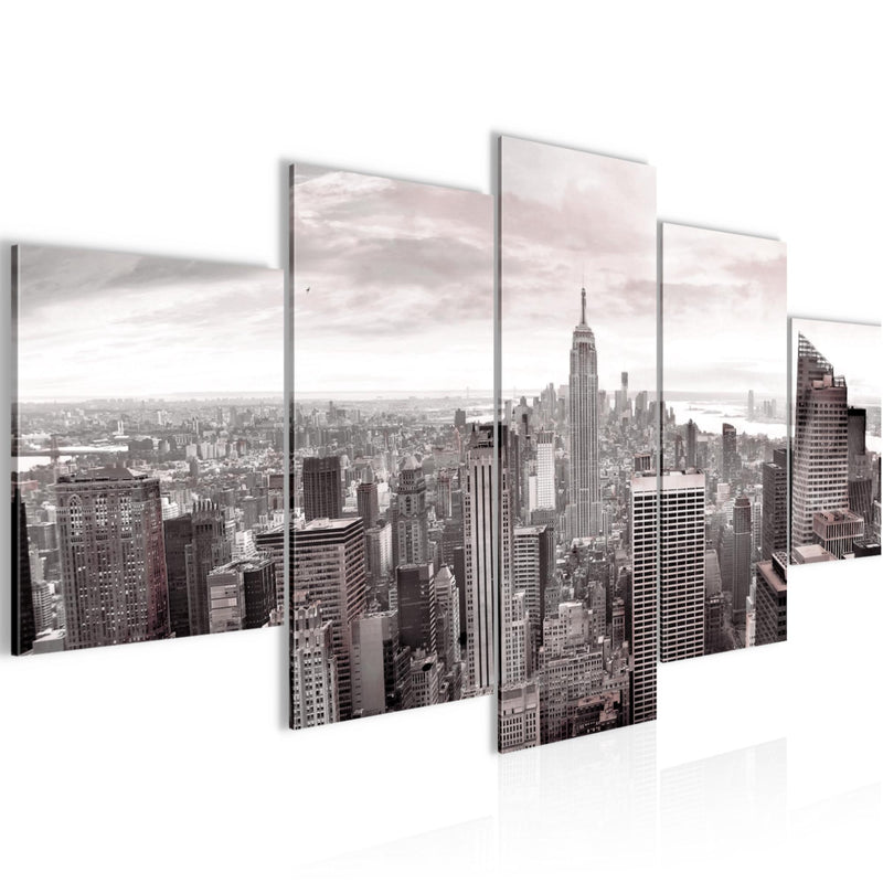 Runa Art Bild Wohnzimmer Büro New York Skyline 5 Teilig USA Grau Rosa Wandbilder auf Vlies Leinwand 010253b