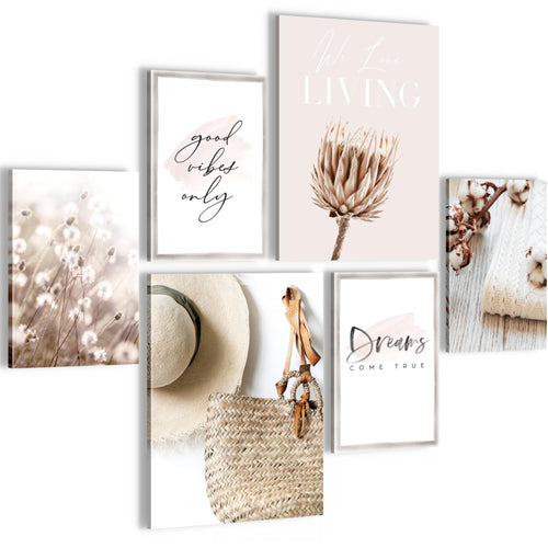 Novart Wandbilder Set Boho Pampasgras Beige Rosa - KEIN EXTRA RAHMEN BENÖTIGT -  Modern Deko  - Wohnzimmer Schlafzimmer N006663a