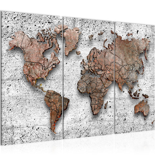 Runa Art Wandbilder Weltkarte 3D Effekt Bild XXL Büro Wohnzimmer Grau Kontinente Beton 120 x 80 cm 3 Teilig 107731b