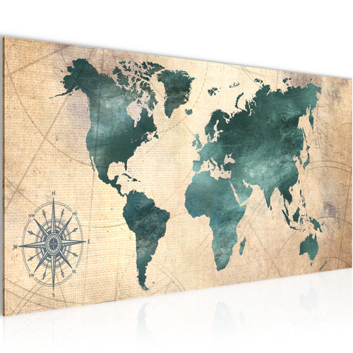 Runa Art Wandbild Weltkarte 1 Teilig 100 x 40 cm Modern Bild auf Vlies Leinwand Antik Büro Wohnzimmer Grün braun 026012a