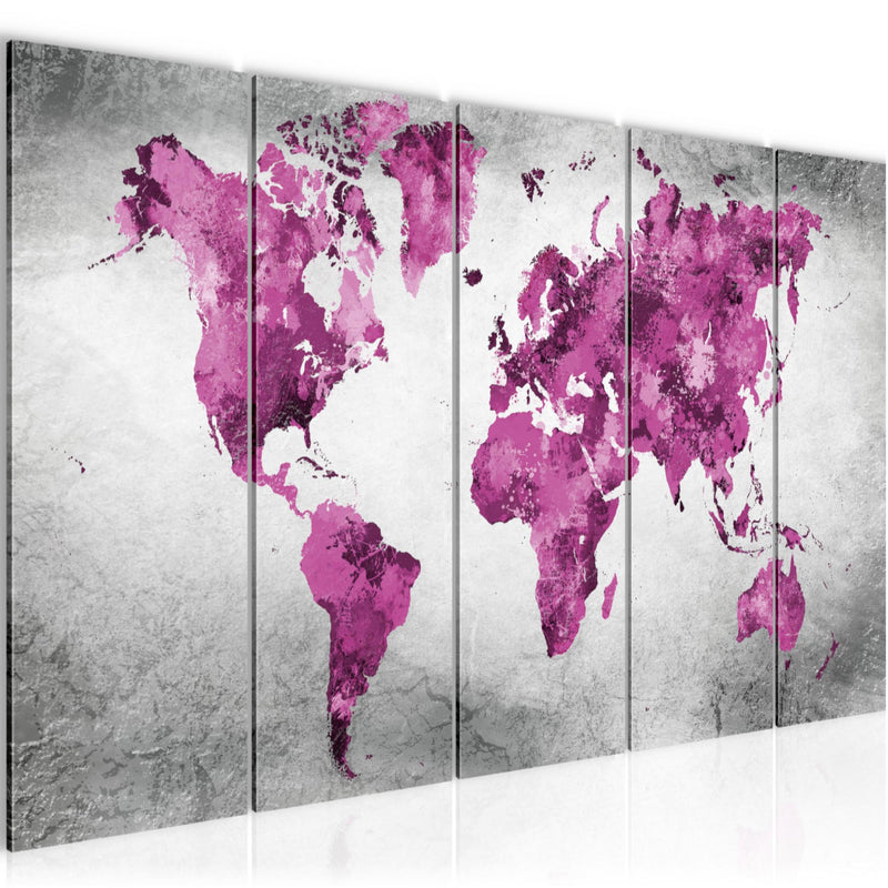 Runa Art Wandbild XXL Weltkarte Büro Wohnzimmer 200 x 80 cm Rosa Grau 5 Teilig - Made in Germany - 013355c