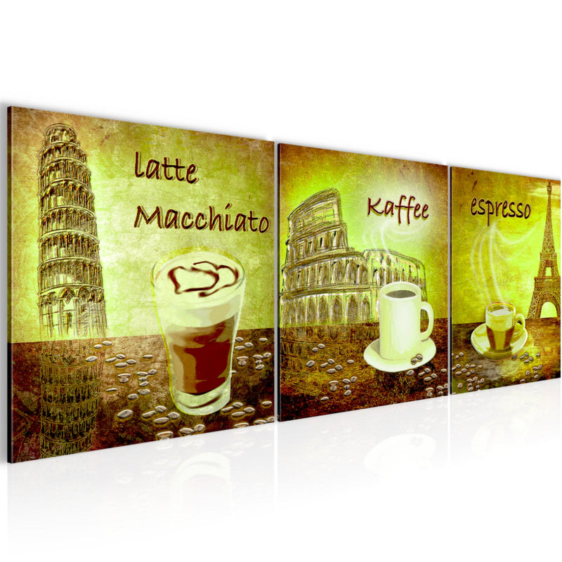 Runa Art - Bilder Küche Kaffee 120 x 40 cm 3 Teilig Wandbild auf Vlies Leinwand Grün Mehrteilig Modern 500733b
