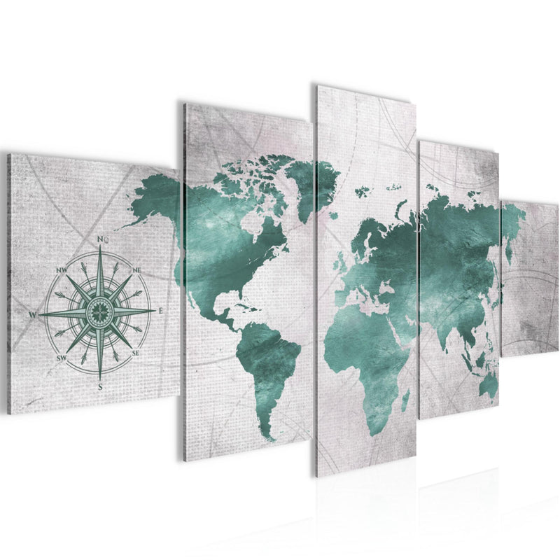 Runa Art - Bilder Weltkarte 200 x 100 cm 5 Teilig XXL Wanddekoration Design Grün Grau 026051c