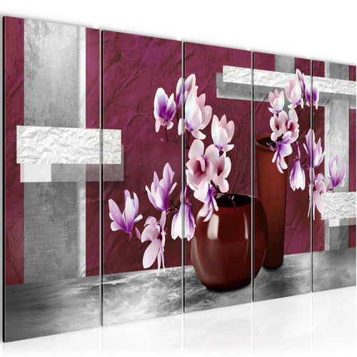 Runa Art Wandbild XXL Blumen Abstrakt Wohnzimmer Schlafzimmer 200 x 80 cm Grau Rot 5 Teilig - Made in Germany - 035255a