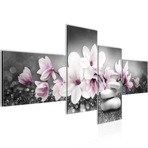 Runa Art Bild Modern Blumen Magnolien - Made in Germany - Wandbilder Abstrakt Grau Rosa 4 Teilig 035442a