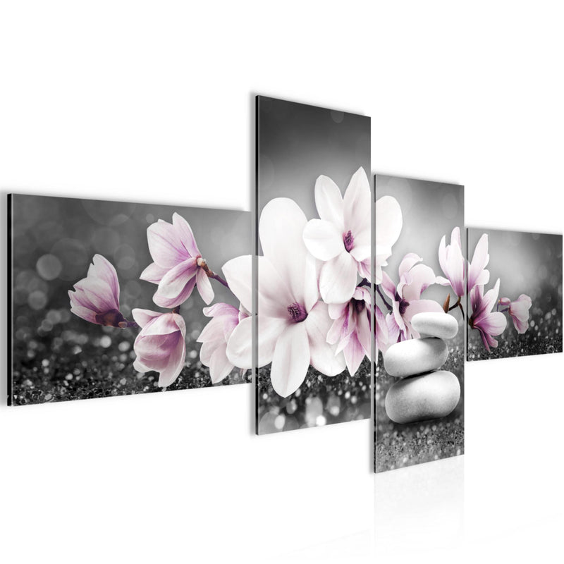 Runa Art Bild Modern Blumen Magnolien - Made in Germany - Wandbilder Abstrakt Grau Rosa 4 Teilig 035442a
