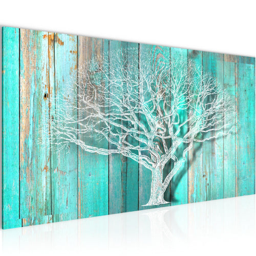 Runa Art Wandbild Baum Abstrakt 1 Teilig 100 x 40 cm Modern Bild auf Vlies Leinwand Holzmotiv Wohnzimmer Türkis Grau 039912c