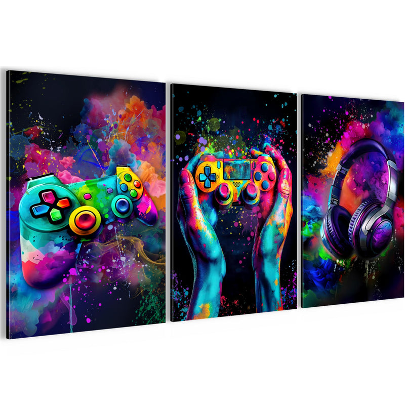Runa Art - Bilder Gamer 40 x 60 cm - 3 Bilder 3 Teilig Wandbild auf Vlies Leinwand Controller Mehrteilig Modern 055536a