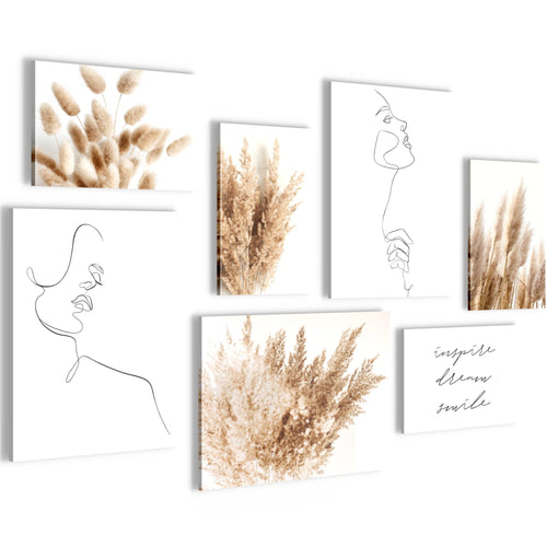 Novart Wandbilder Boho Pampasgras - KOMPLETT AUFHÄNGFERTIG - Line Art Wohnzimmer Schlafzimmer - 7 Moderne Mood-Bilder - N012471a