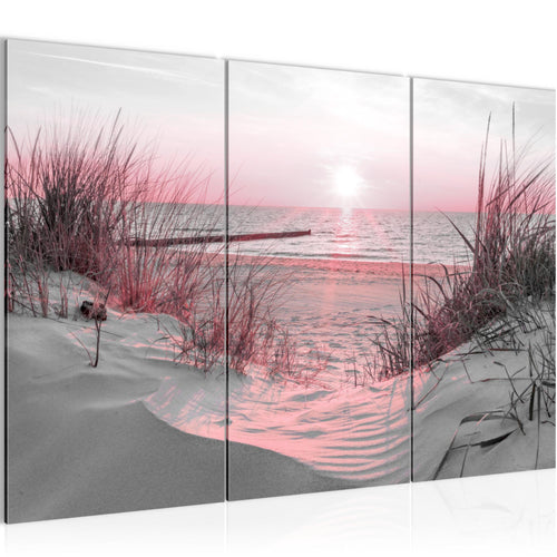 Runa Art Wandbilder Strand Sonnenuntergang Bild XXL Schlafzimmer Wohnzimmer Rosa Grau Meer Natur 120 x 80 cm 3 Teilig 041731b