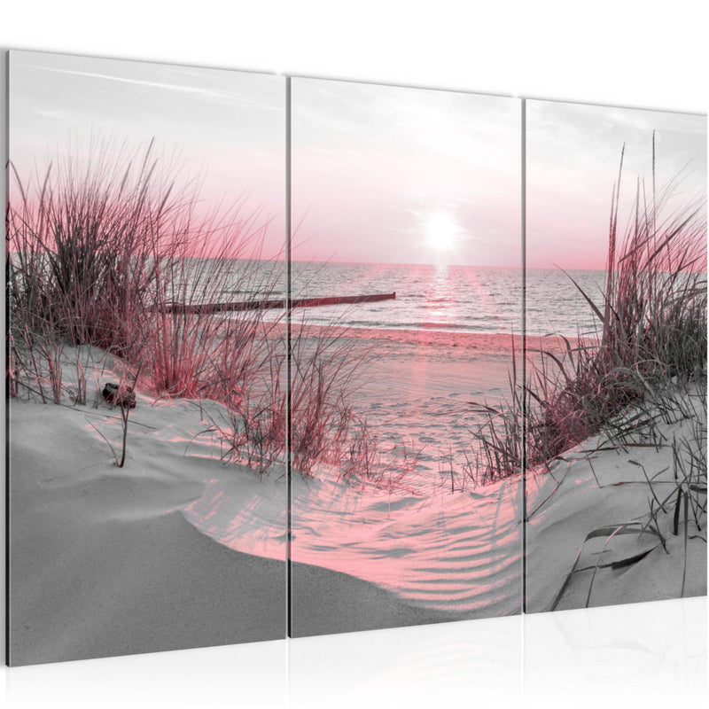 Runa Art Wandbilder Strand Sonnenuntergang Bild XXL Schlafzimmer Wohnzimmer Rosa Grau Meer Natur 120 x 80 cm 3 Teilig 041731b