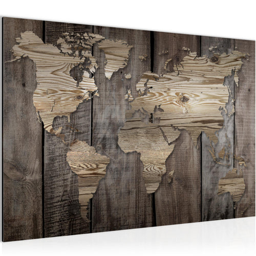 Runa Art Bild Weltkarte Modern Wandbilder Büro Wohnzimmer 1 Teilig - Made In Germany - Holzoptik Beige Braun Flur 035015b