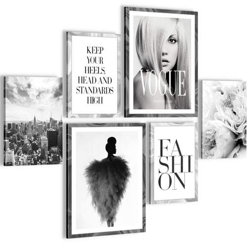 Novart Wandbilder Set Fashion Schwarz Weiss - KEIN EXTRA RAHMEN BENÖTIGT -  Modern Deko  - Wohnzimmer Mädchen Teenager N002163a