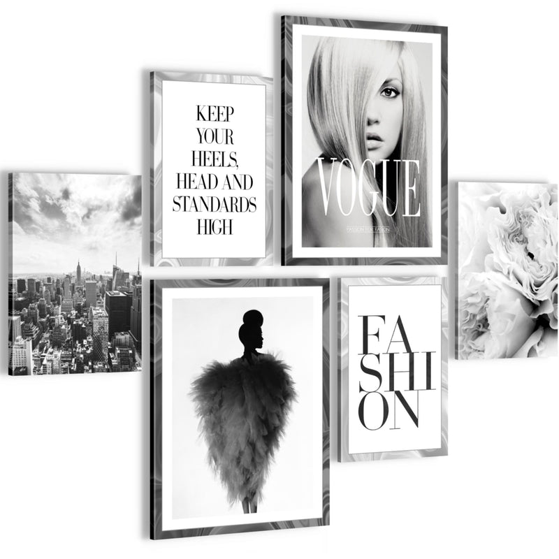 Novart Wandbilder Set Fashion Schwarz Weiss - KEIN EXTRA RAHMEN BENÖTIGT -  Modern Deko  - Wohnzimmer Mädchen Teenager N002163a