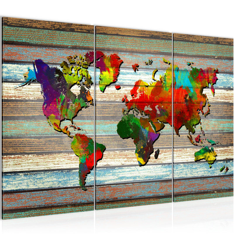 Runa Art Wandbilder Weltkarte Bild XXL Büro Wohnzimmer Bunt Vintage Holz 120 x 80 cm 3 Teilig 105431a