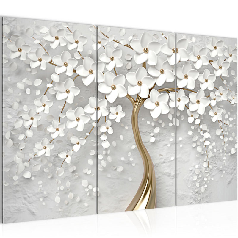 Runa Art Wandbilder Blumen Bild XXL Wohnzimmer Schlafzimmer Weiss Gold Abstrakt Baum 120 x 80 cm 3 Teilig 039731a