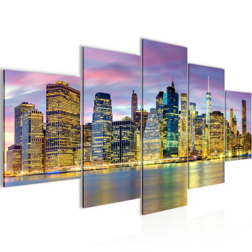 Runa Art Bild Wohnzimmer Büro New York City 5 Teilig Amerika NY Lila Bunt Wandbilder auf Vlies Leinwand 010053c