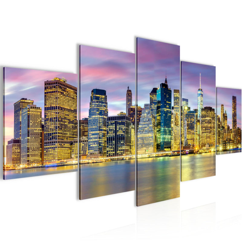 Runa Art Bild Wohnzimmer Büro New York City 5 Teilig Amerika NY Lila Bunt Wandbilder auf Vlies Leinwand 010053c