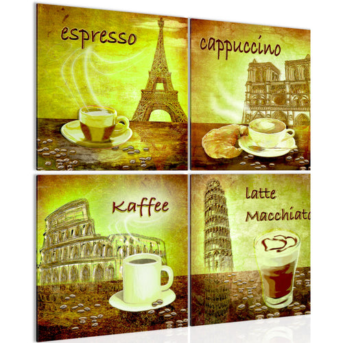 Runa Art Bilder Küche Kaffee 4 Teilig Bild auf Vlies Leinwand Esszimmer Küchenbilder 60 x 60 cm Collage Grün 500744b